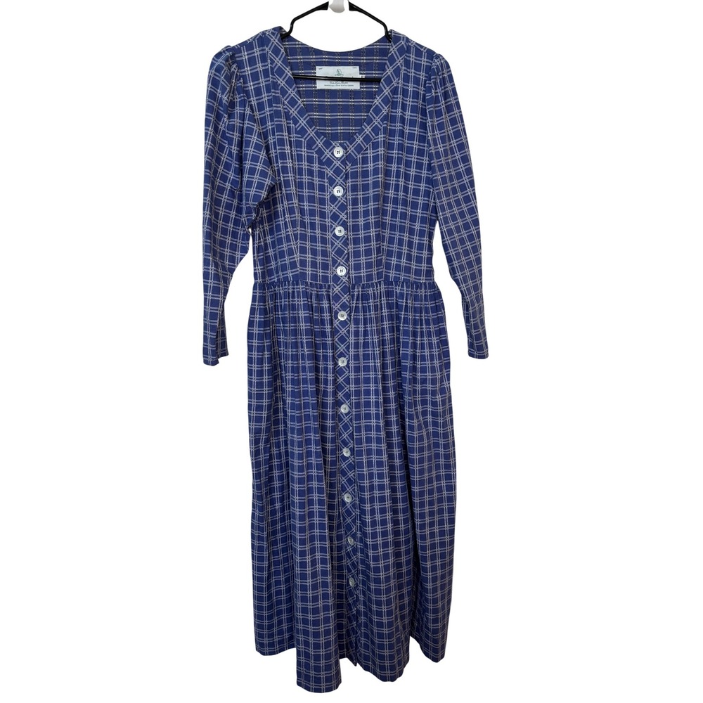 Suttles & Seawinds Vintage Blue Plaid Cotton Button Front Midi Dress Canada M